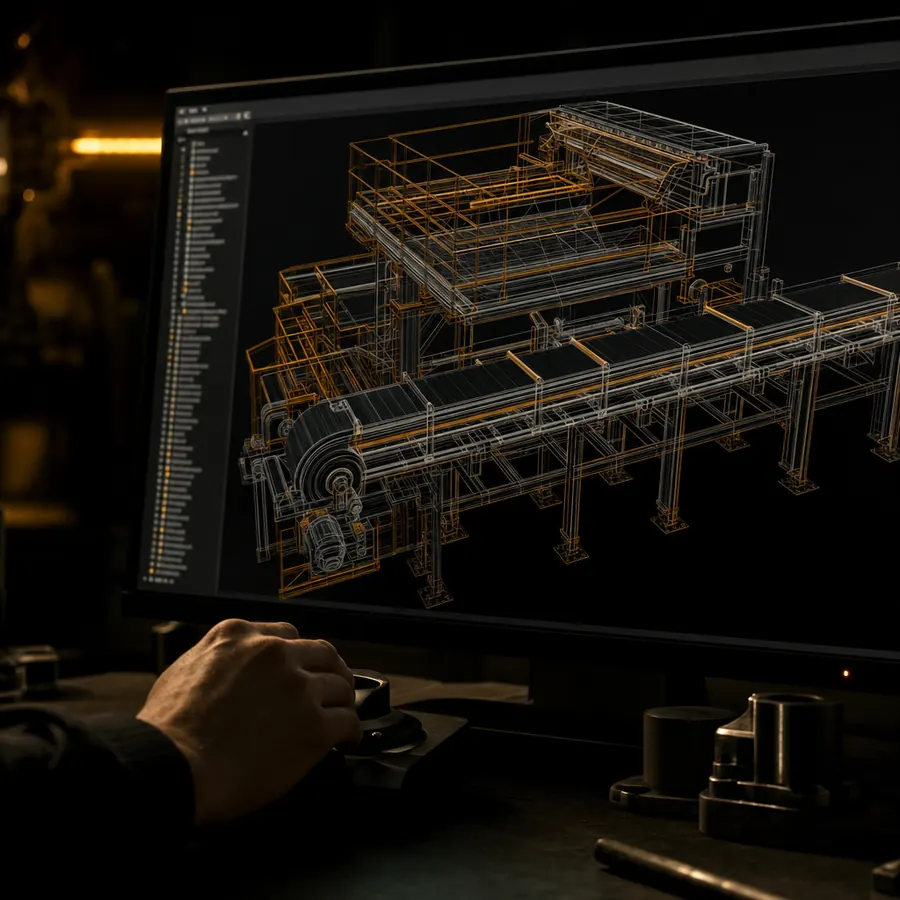A tela onde o projeto nasce — modelagem 3D de um equipamento industrial completo.